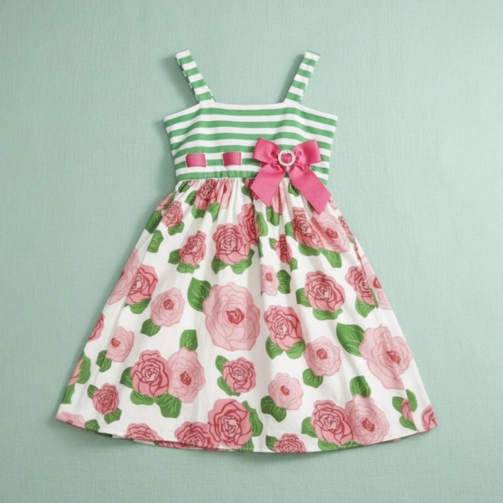 Youngland Girls Pink Rose Floral Stripe Sundress Belted Sleeveless Summer Dress